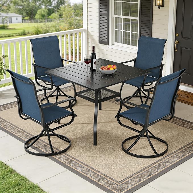 SUNCROWN 5-Piece Outdoor Patio Dining Set, All Weather Square Metal Table & 4 Dark Blue Swivel Textilene Mesh Chairs, Weather Resistant Patio Furniture for Deck Lawn Garden Backyard Poolside