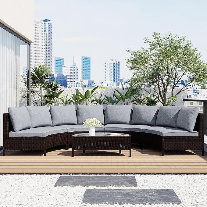 5-Piece Half Moon Outdoor Sectional Sofa Set, Patio All-Weather PE Wicker Furniture with Pillows, Cushions and Half-Moon Tempered Glass Table