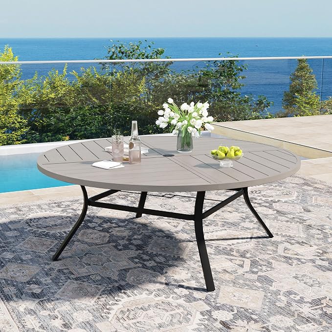 DIFY 11 Pieces Outdoor Patio Dining Set for 10, 63" Grey Wood-Like Round Metal Patio Table and 10 Grey Stackable Textilene Patio Chairs, Outdoor Table and Chairs for Backyard Garden Poolside