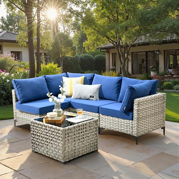 5 Piece Outdoor Patio Furniture with Glowing Coffee Table, Rattan Wicker Conversation Set with Sofa, Sectional Single Chairs for Outside Porch Balcony Backyard Pool,Blue