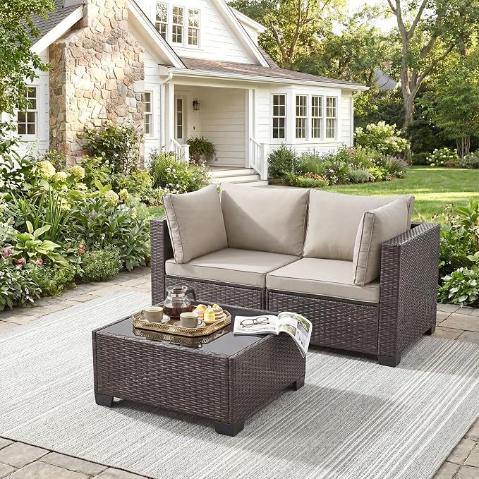 ANJ 3 Piece Outdoor Wicker Patio Furniture Set, Modular Loveseat Sofa with with Glass Top Coffee Table, All-Weather Rattan Conversation Couch Set for Balcony, Backyard, Dark Brown Wicker-Grey