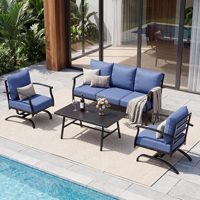 4 Piece Patio Furniture Set, Metal Outdoor Patio Furniture Set, All Weather Modern Couch Sofa with Comfortable Cushions & Coffee Table, Metal Conversation Set for Balcony, Porch, Deck (Navy)