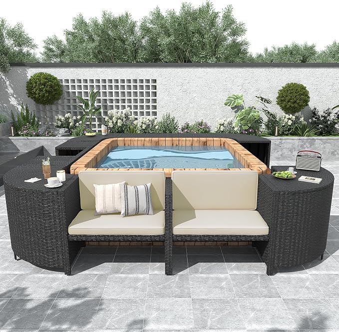 LUMISOL Patio Furniture Set, Spa Surround Outdoor Rattan Sofa Set with Wooden Seats and Storage Spaces, Quadrilateral Patio Sofa Set with Spa Surround Tub Frame for Patio, Backyard, Beige