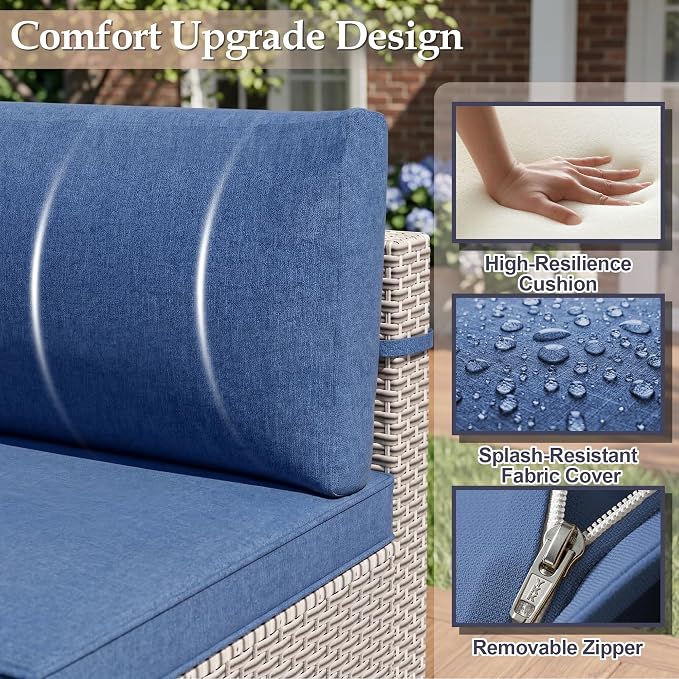 Patio Furniture Set, 14-Piece Outdoor Sectional Sofa with 2-Layer Glass Coffee Table, Wicker Patio Conversation Set with Blue Cushions for Backyard, Poolside, Porch