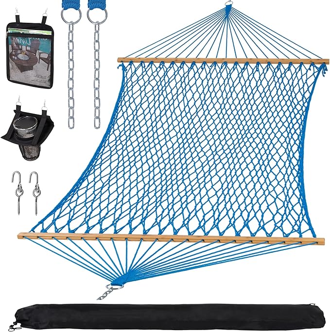 SUNCREAT Polyester Rope Hammock with Extra Large Pillow, Carrying Bag and Tree Hooks, 450 lbs Capacity