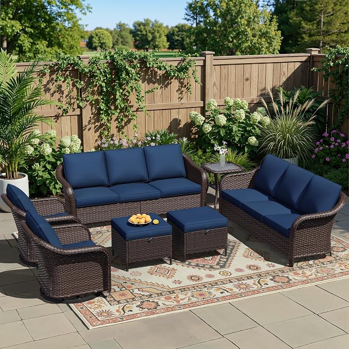 8 Piece Patio Wicker Conversation Set, All-Weather Use Outdoor Wicker Sofa with 2 PE Rattan Ottomans,4 Swivel Chair, 1 Side Table, Ideal for Porch, Backyard, Balcony, Poolside, Blue
