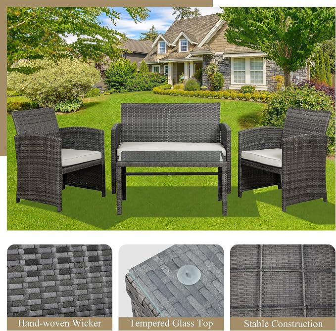 JAMFLY 4 Piece Outdoor Patio Furniture Set, Outdoor Wicker Rattan Chairs Conversation Sets with Cushions & Coffee Table for Outside, Garden, Balcony, Porch, Beige