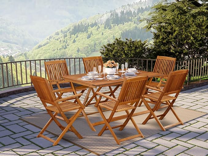 East West Furniture AECM7CANA 7 Piece Patio Bistro Dining Furniture Set Consist of a Rectangle Outdoor Acacia Wood Table and 6 Folding Arm Chairs, 36x60 Inch, Natural Oil