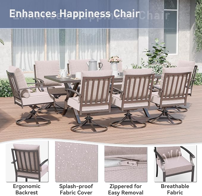 Kurapika 9 Pieces Patio Dining Set Outdoor Furniture with 8 Swivel Chairs, Metal Patio Furniture Set 8 Chairs and Large Table with Umbrella Cutout for Yard Porch Deck, Sand