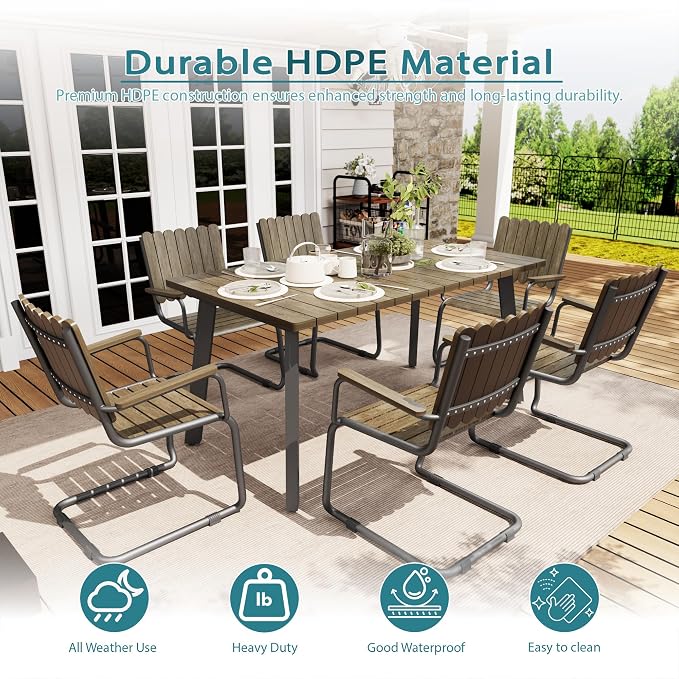 7 Piece Outdoor Conversation Set for 6, HDPE Patio Seating Set with Table and Chairs, All-Weather Outdoor Lounge Furniture with Umbrella Hole for Garden, Porch, Poolside, Gray
