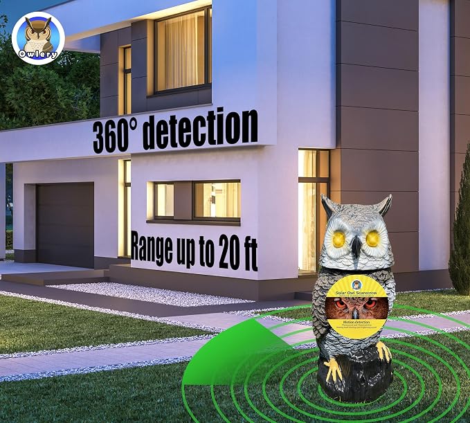 Brown Solar Owl with Motion Detector, Flashing Eyes, Spinning Head, Realistic Hooting and Silent Mode, Garden Owl, Outdoor Statue, Decoration for Home, Garden, Patio and Fence