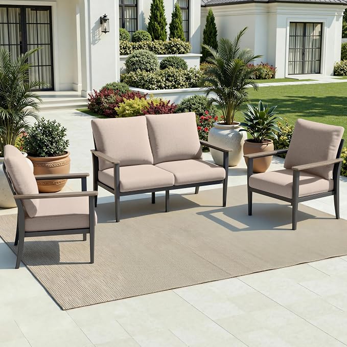 Aluminum Outdoor Patio Furniture Set 4-Seat, Patio Conversation Set Sectional Furniture Set with High Backrest & Thickened Cushions for Garden, Backyard, Poolside, Sand