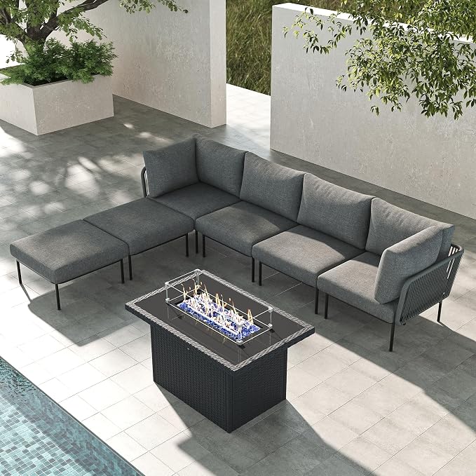 LayinSun 7 Pieces Aluminum Patio Furniture Set, Modern Modular Sectional Sofa with Fire Pit Table and Upgrade Thickness Cushion