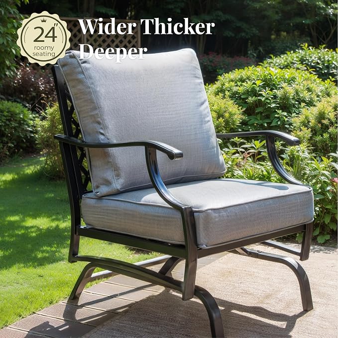 MIXPATIO Patio Furniture Set with Fire Pit Table, 5 Pcs Metal Outdoor Conversation Set, 4 Rocking Chairs with 5.75" Extra Thick Cushion and 28" Fire Pit Table for Backyard Deck, Grey
