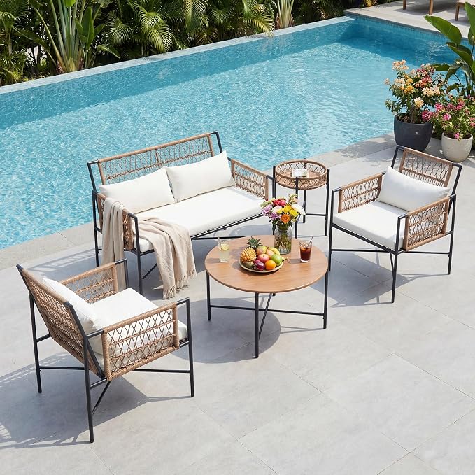 LAUSAINT HOME 5 Piece Patio Furniture Set, Outdoor Wicker Conversation Set with 2 PE Rattan Armchairs, 1 Loveseat with Cushions, Coffee Table & Side Table for Porch, Balcony, Garden, Poolside, Beige