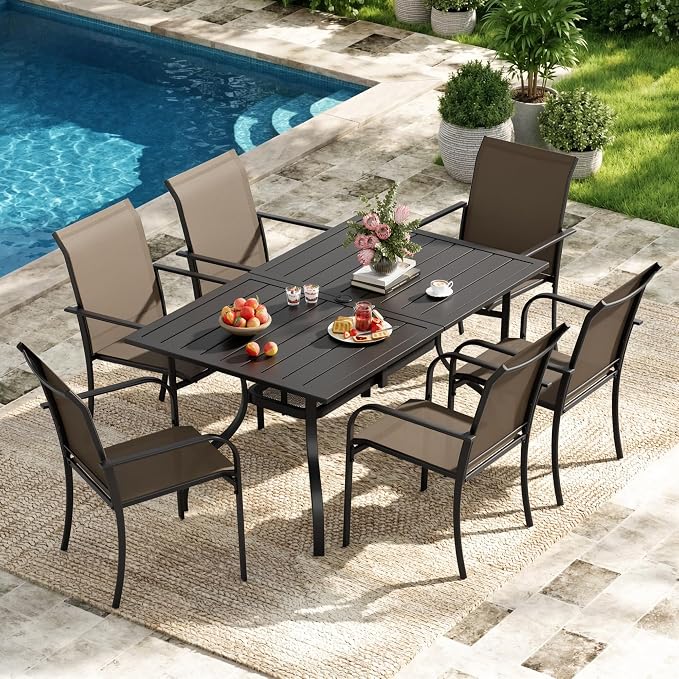 7-Piece Patio Dining Set,6 Person Outdoor Table and Chairs Set, 6 Metal Dining Chairs and Rectangular Outdoor Table with 1.57" Umbrella Hole,Khaki