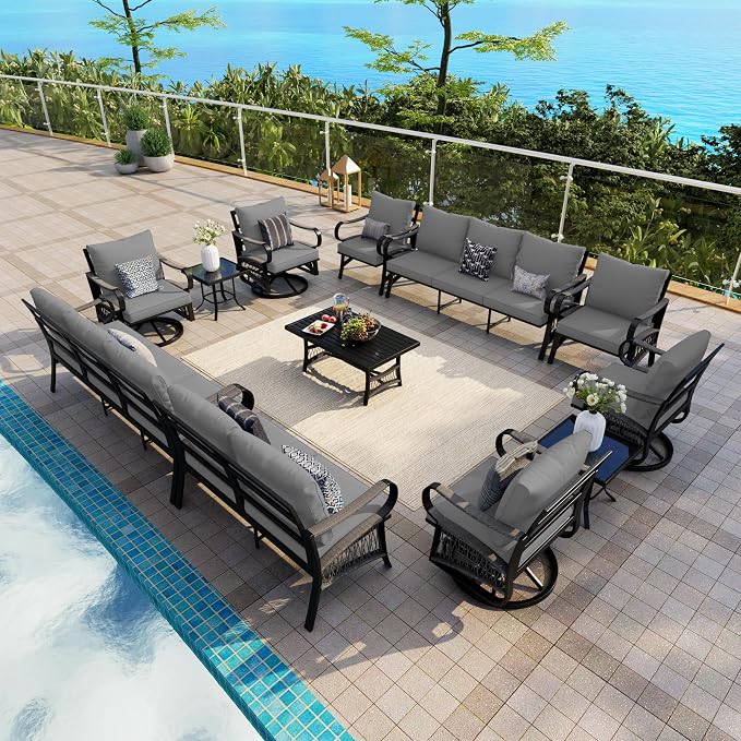12 Pieces Patio Conversation Sets, All-Weather Metal Swivel Rocking Chairs with Rope Furniture Set, Outdoor Sofa Couch for Deck, Porch, Garden, Backyard, Poolside (Gray Cushions)