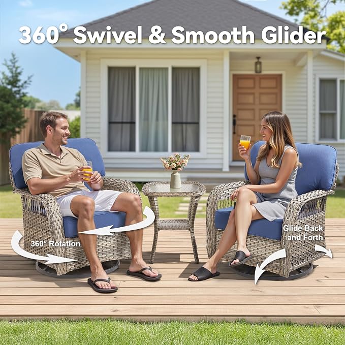 Wicker Swivel Rocker Patio Chairs, Patio Wicker Chairs Swivel Rocker Set of 2 All Weather Glider Rocking Chair Outdoor Conversation Furniture Set for Deck Porch Sunroom Backyard, Blue