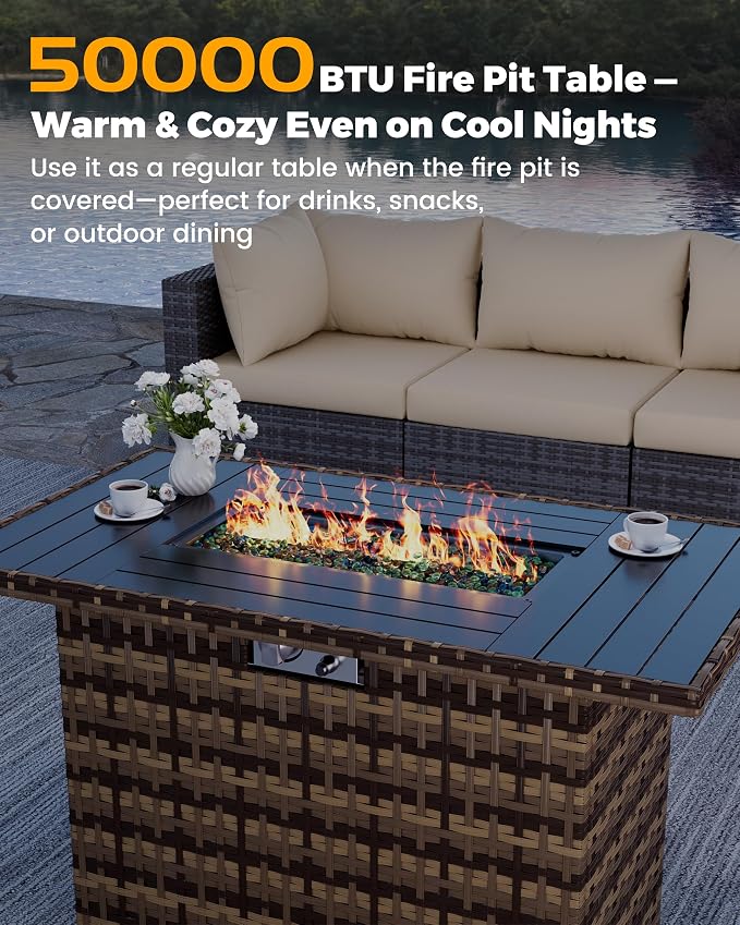 UDPATIO Patio Furniture Set with Fire Pit Table, 8 Piece Sectional Sofas All-Weather Wicker Conversation for Garden, Backyard, Beige
