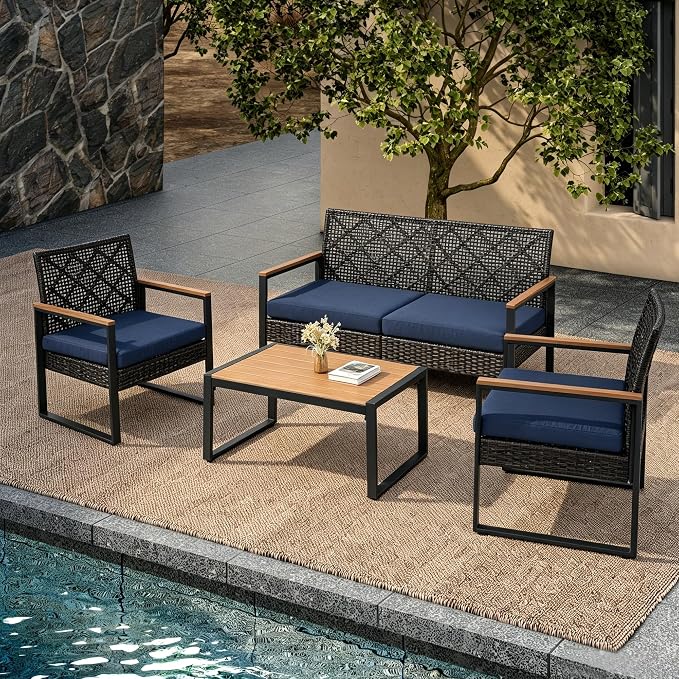 4-Piece Outdoor Patio Furniture Set, Wicker Sofa and Chairs with Cushions, PE Rattan All-Weather Conversation Set with Coffee Table for Backyard, Patio, Poolside, Garden, Lawn, Deck, Black