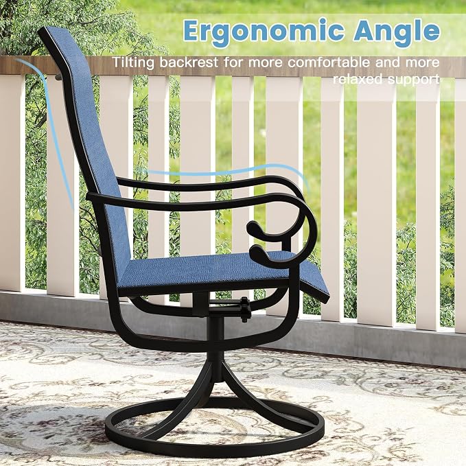 DIFY 7 Pieces Outdoor Dining Set for 6, Outdoor Furniture Set of 6 Blue Textilene Swivel Patio Chairs, 50" Black Round Metal Dining Table with Umbrella Hole, for Garden Deck Backyard