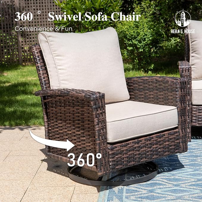 HERA'S HOUSE Outdoor Furniture, 2 x High Back Swivel Patio Chairs with 5.5" Cushions Wicker Rattan Deck Balcony Porch Furniture, Beige