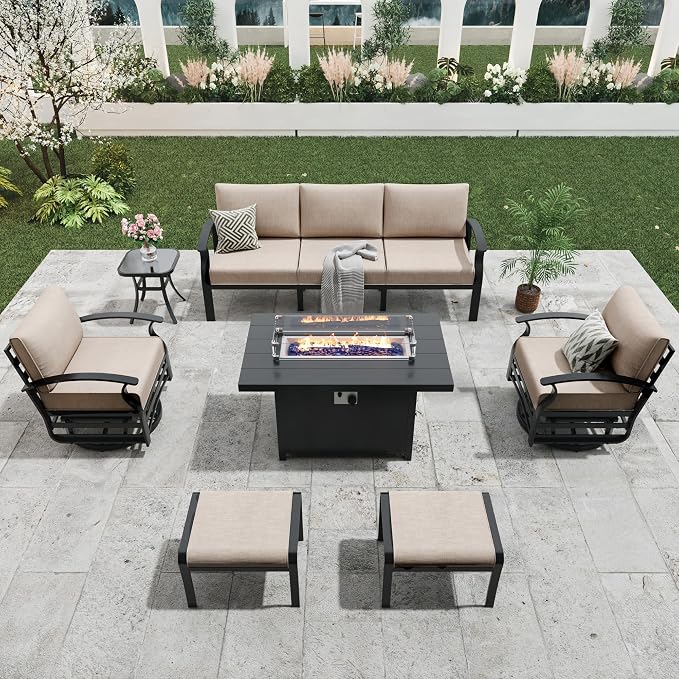 Aluminum Outdoor Patio Furniture Set,5 Seats Patio Conversation Sets with 45" Propane Fire Pit Table 2 Ottomans,Metal Furniture Set with 2 Swivel Rocking Chairs,Sand
