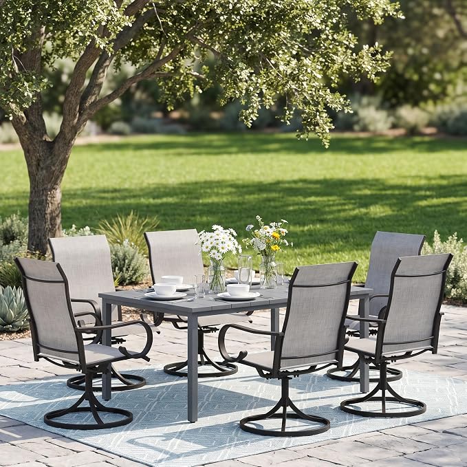 7 Pieces Patio Dining Set, 6 Outdoor Swivel Dining Chairs with 63" Rectangle Metal Outdoor Dining Table with Umbrella Hole for Garden Backyard Deck, Grey & Dark Grey