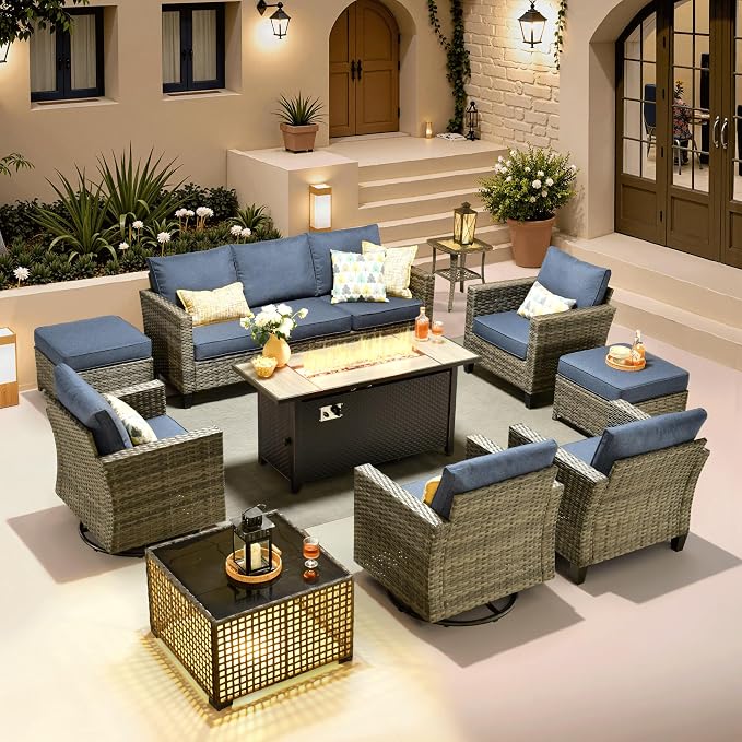 ovios 10 Pieces Patio Furniture Set with Swivel Chairs Rocking Gliders, 54" Fire Pit Table, Outdoor Sofa Couch with Solar Lights Table, Modern Deep Seat Wicker Rattan Conversation Set, Denim Blue