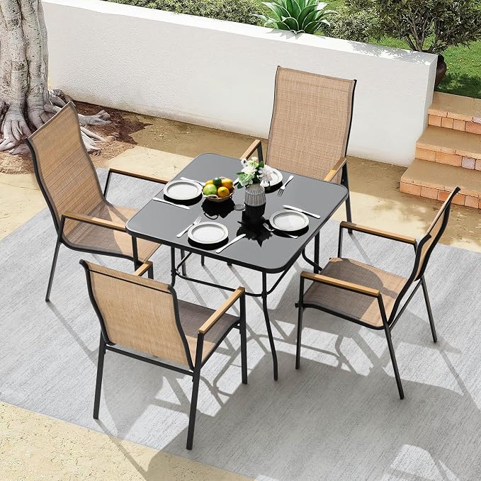 NUU GARDEN 5 Piece Patio Dining Set for 4, Outdoor Dining Set with Tempered Glass Table with Umbrella Hole and 4 Stackable Textilene Chairs with Faux Wood Armrests, Black and Khaki