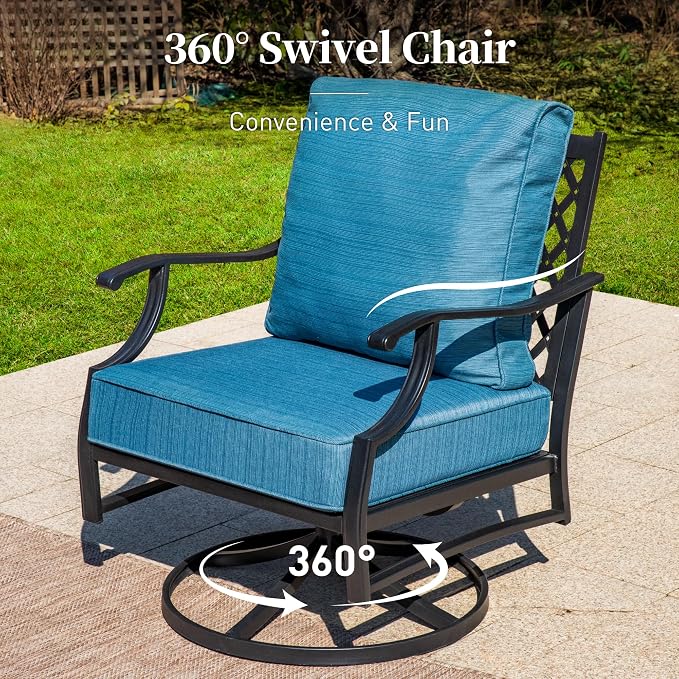 SUNSHINE VALLEY 5 Piece Metal Outdoor Patio Furniture Set, Patio Conversation Sets 3-seater Sofa, 2 Swivel Chairs, 2 Ottomans with 5.75" Thick Cushion, Black All-weather Backyard Furniture Set, Blue-2