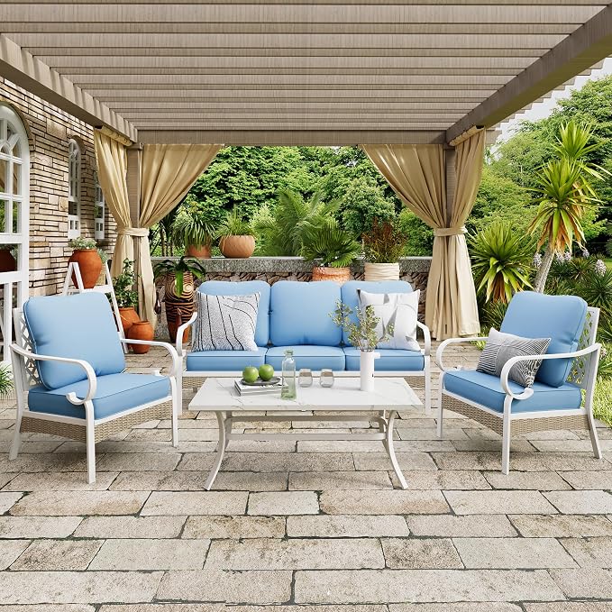 4 Piece Metal Patio Furniture Set, 5-Seat All Weather Outdoor Conversation Set with 3-Seat Sofa & 2 Fixed Chairs & 47'' Coffee Table, Outdoor Furniture Set for Backyard, Deck, Garden, White/Blue