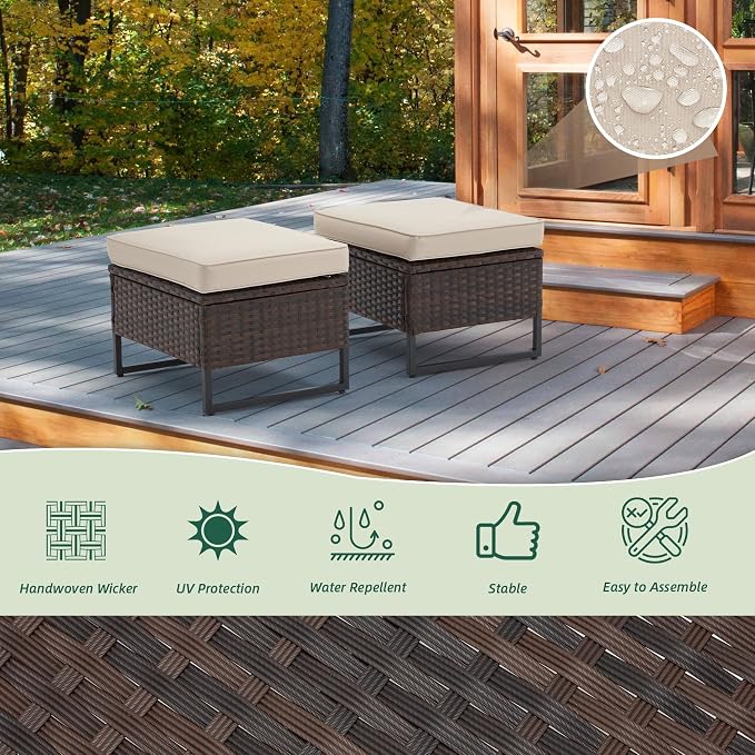 AVAWING Outdoor Wide Wicker Ottomans Set of 2, All-Weather Rattan Ottoman Seat for Garden, Backyard and Balcony, Patio Footstool with Removable Cushions, Beige 18.5" D x 22" W x 17" H