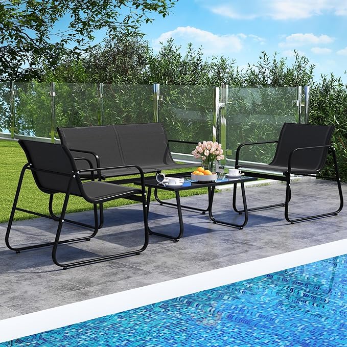 HAPPYGRILL 8 Pieces Patio Conversation Set, Fabric Lawn Chairs and Loveseat with Tempered Glass Coffee Table, Heavy Duty Metal Frame, Outdoor Furniture Set for Porch, Garden and Poolside