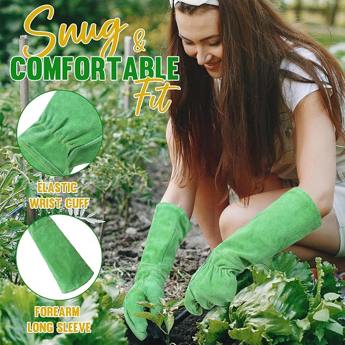 HANDLANDY Leather Gardening Gloves, Thorn Proof Long Gauntlet Heavy Duty Garden Gloves, Elbow Length Rose Pruning Weeding Yard Glove (Large, Green) | Long Leather Gardening Gloves, Breathable Leather Gauntlet, Best Garden Gifts & Tools for Gardener (Gr...