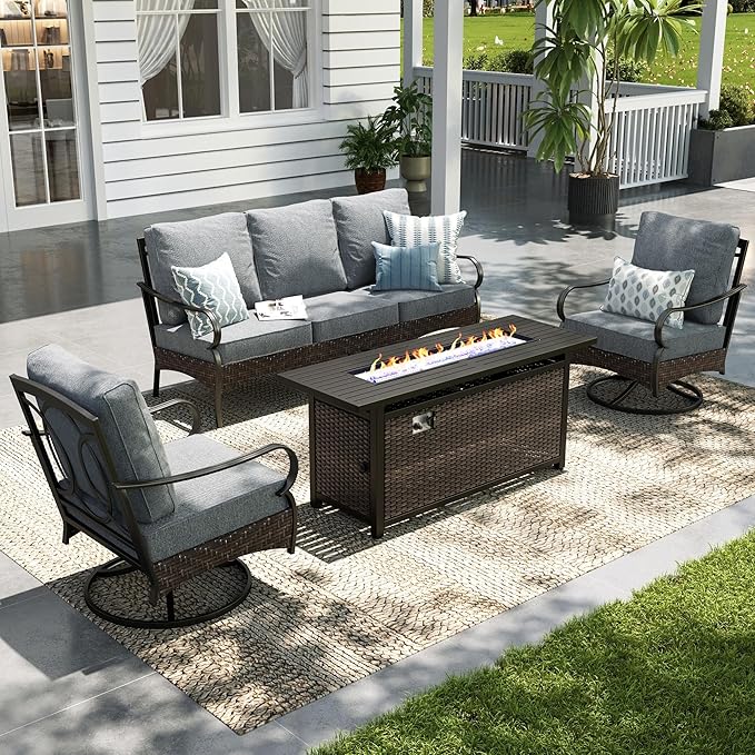 Sophia & William Patio Furniture Set with Fire Pit Table, 4 PCS Metal Outdoor Conversation Set with Fire Pit Table, 2 Swivel Chairs,3-Seater Couch for Outdoor Seating, Backyard, Porch(Grey)