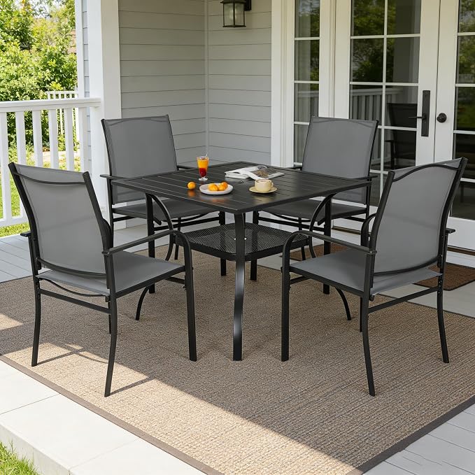 SUNCROWN 5 - Piece Outdoor Dining Set, Patio Furniture Set with 4 x Textilene Dinning Chairs and 1 Steel Slat Metal Bistro Table for Lawn Garden Backyard Deck, Grey