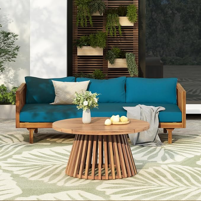 Christopher Knight Home Charm Patio Conversation Set, 3 Seater Acacia Wood Sofa, Spacious Seating Daybed, Wood Coffee Table, Round Side Table, Outdoor Furniture for Backyard Garden Rest, Dark Teal