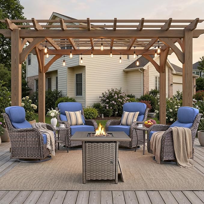 Luxury High Back Patio Furniture Set with 30" Fire Pit Table & 6" Thick Cushions, 5-Pieces Outdoor Furniture with 4 Swivel Chairs, Wicker Conversation Set for Porch, Balcony, Deck and Yard, Brown/Blue