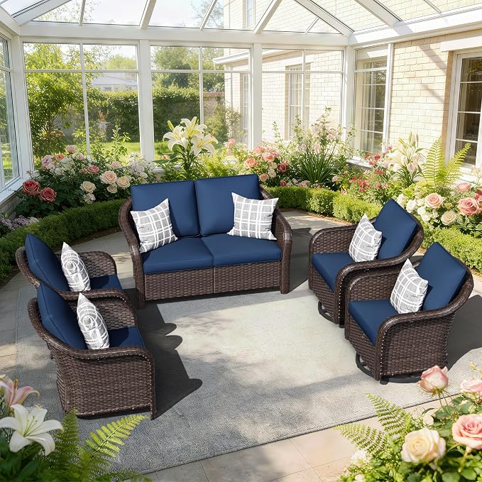 5 PCS Outdoor Conversation Set | 55" Couch, 2 Chairs, 2 Swivel Chairs, Patio Wicker Conversation Furniture with Removable Cushions for Bistro, Deck, Sunroom (Navy Blue)