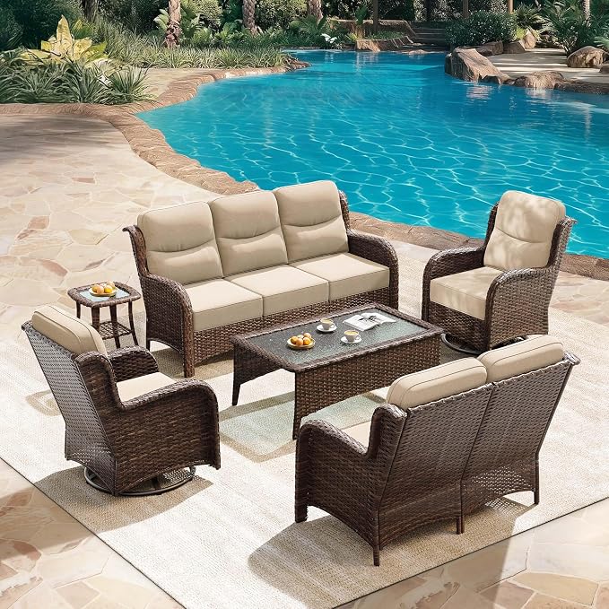 HILLGA Luxury Outdoor Patio Furniture Set with 6-Inch Thick Cushions, High Back Wicker Swivel Rocker Chairs, 6 Pcs All Weather Conversation Set for Large Deck, Yard and Poolside, Beige (V3)