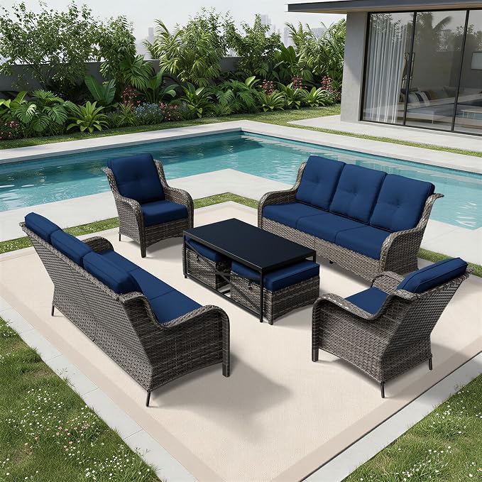 Joyside 7 Piece Wicker Patio Furniture Set, Rattan Patio Chairs with High Back, Deep Seating, Wide Armrest, Thickened Cushions, Outdoor Furniture for Deck, Porch Use