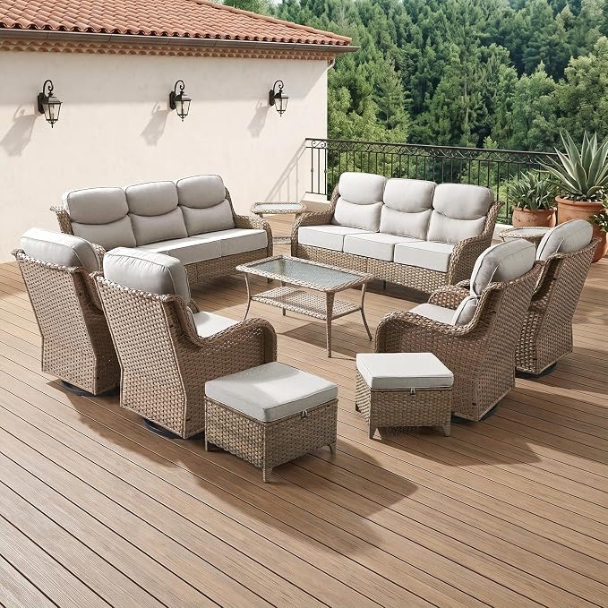 Luxury 6" Thick Cushion 11 Pieces Wicker Patio Furniture Set with High Back Swivel Rocker Chairs of 4, Outdoor Conversation Set with Patio Couch for Deck Porch Yard and Poolside