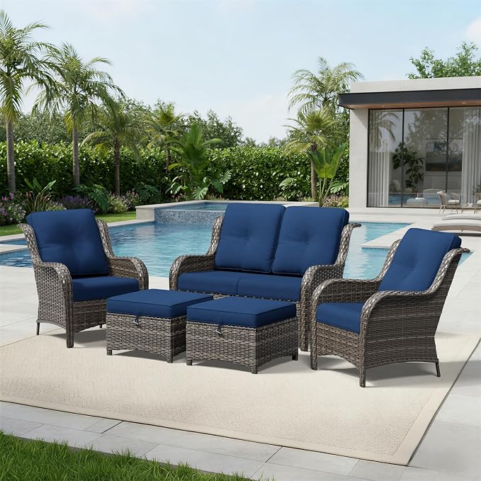 Joyside 5 Piece Wicker Patio Furniture Set, Rattan Patio Chairs with High Back, Deep Seating, Wide Armrest, Thickened Cushions, Outdoor Furniture for Deck, Porch Use