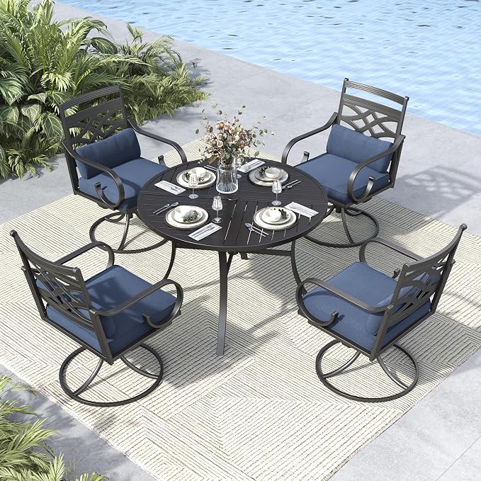 MFSTUDIO 5-Piece Patio Dining Set, 42" Round Metal Table, Swivel Chairs | Umbrella Hole, Blue