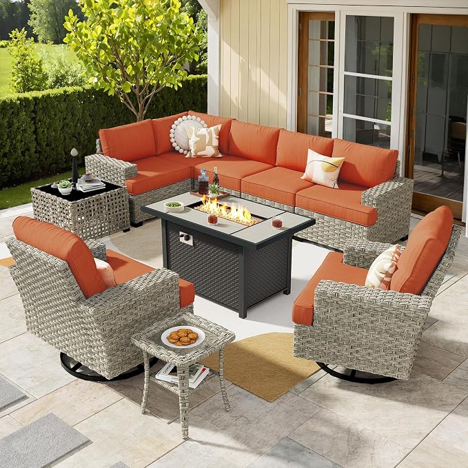 Weaxty 10 Pieces Outdoor Patio Furniture Set with Swivel Rocking Chair, Outdoor Sectional Sofa Couch Wicker Modular Patio Conversation Set w/42 Fire Pit and Coffee Side Table,Orange