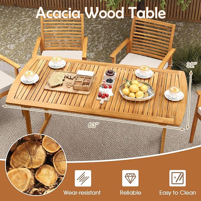 HAPPYGRILL 3 Pieces Acacia Wood Outdoor Dining Set for 4 People, Patio Table & Bench Set with Umbrella Hole, Outside Picnic Furniture