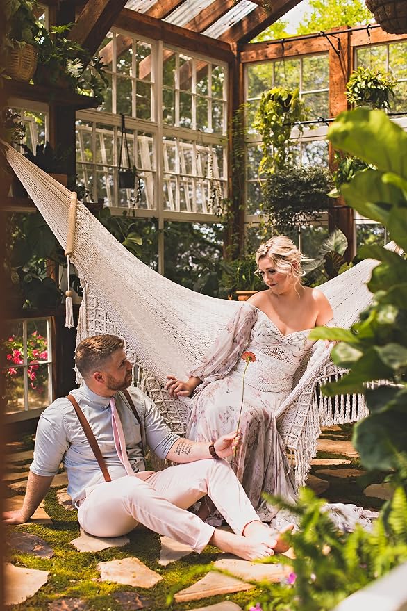 Handwoven Nicaraguan Cotton Rope Hammock with Wooden Spreader Bars with Tropical Decorative Trim