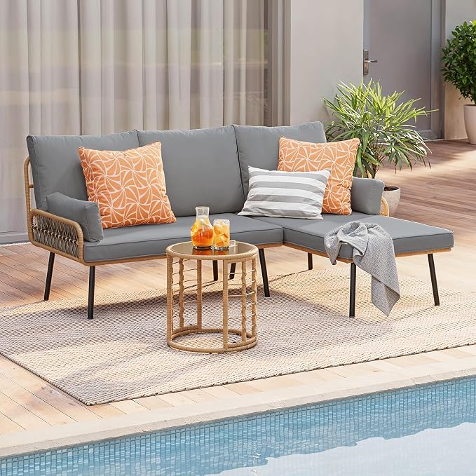 Gizoon 3-Piece Outdoor Patio Furniture Set, All-Weather PE Wicker L-Shaped Conversation Sofa with Thick Cushions & Glass Table, for Backyard, Porch, Balcony, Poolside (Grey)