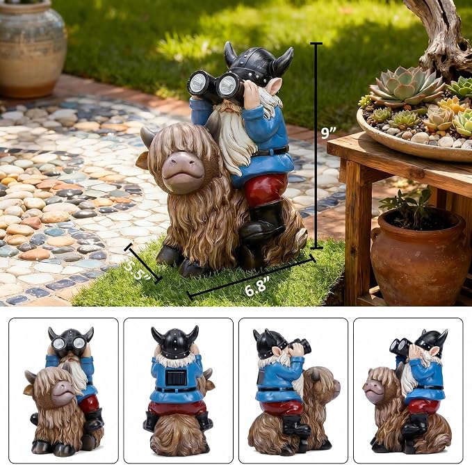 Joint Honglin Solar Garden Statues Resin Gnome Sitting on Highland Cow Outdoor Telescope Gnome Decorations Yard Ornament for Patio Lawn Balcony, Unique Housewarming Birthday Gifts for Mom Dad